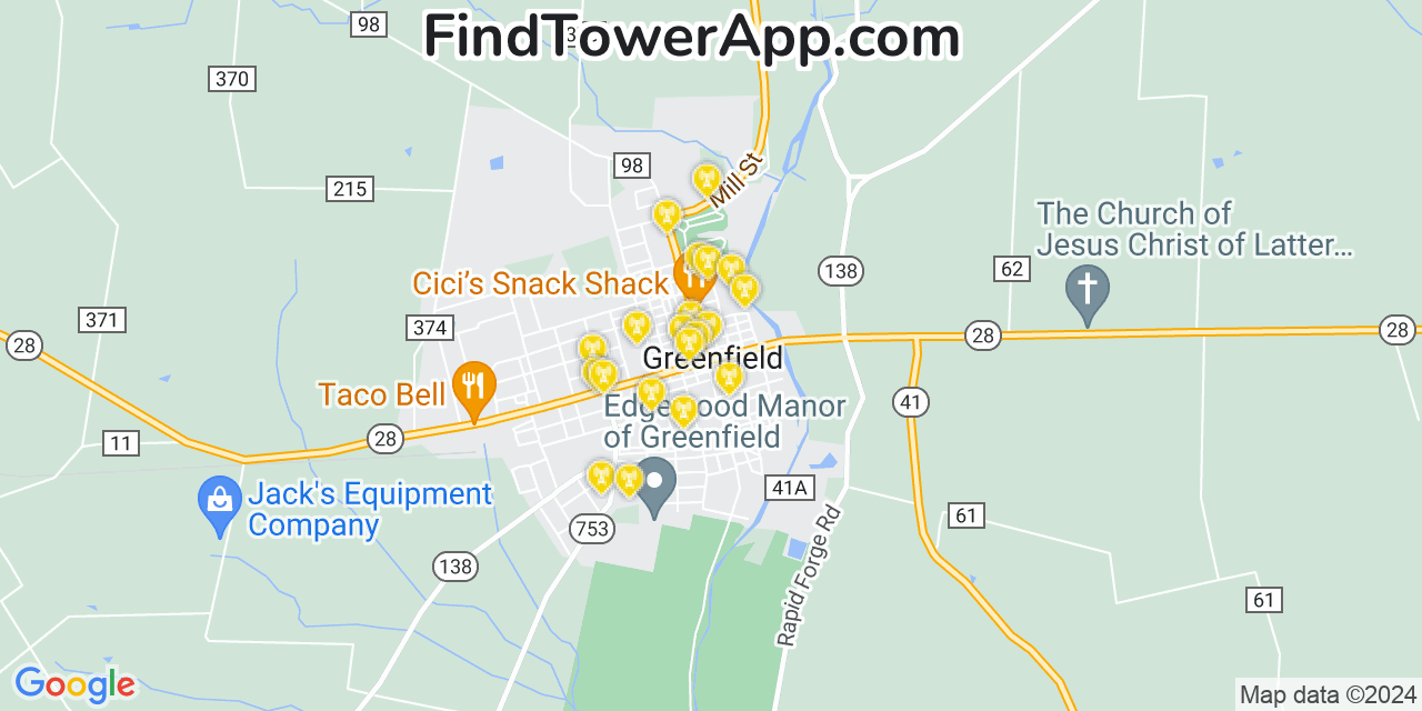 AT&T 4G/5G cell tower coverage map Greenfield, Ohio