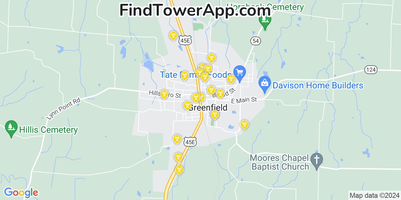 AT&T 4G/5G cell tower coverage map Greenfield, Tennessee