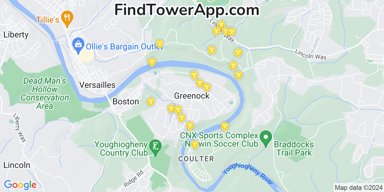 AT&T 4G/5G cell tower coverage map Greenock, Pennsylvania