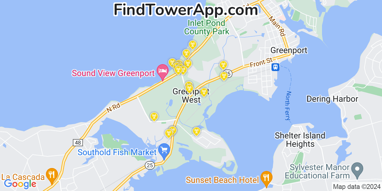 AT&T 4G/5G cell tower coverage map Greenport West, New York
