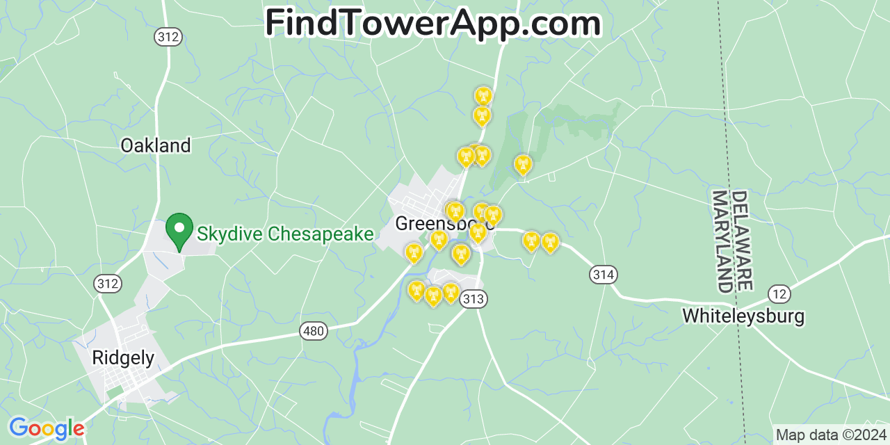 AT&T 4G/5G cell tower coverage map Greensboro, Maryland