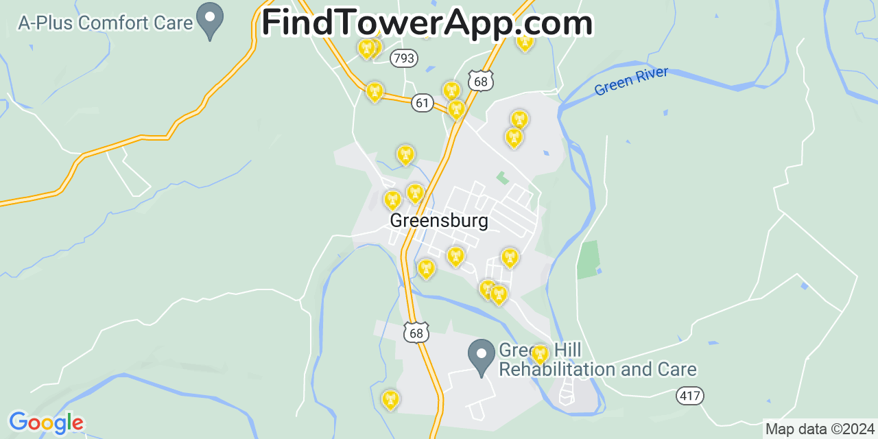 AT&T 4G/5G cell tower coverage map Greensburg, Kentucky