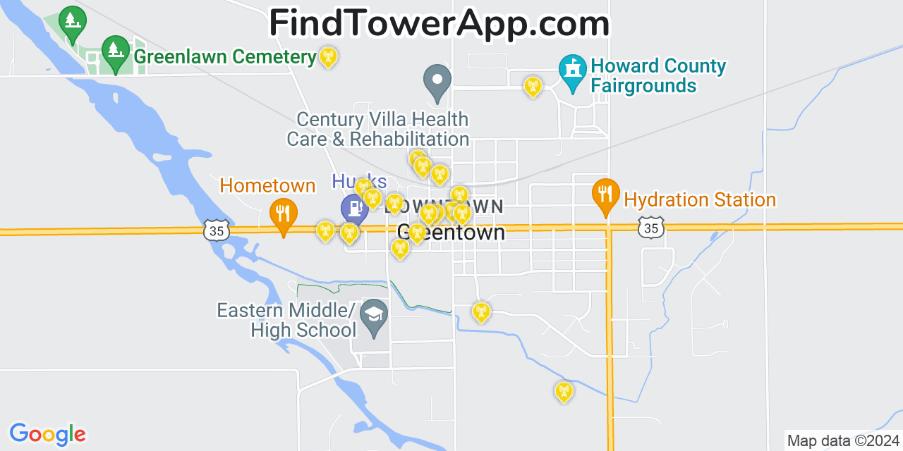 AT&T 4G/5G cell tower coverage map Greentown, Indiana