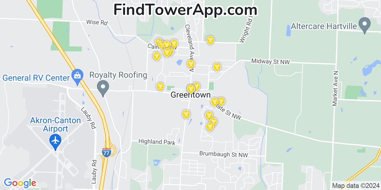AT&T 4G/5G cell tower coverage map Greentown, Ohio