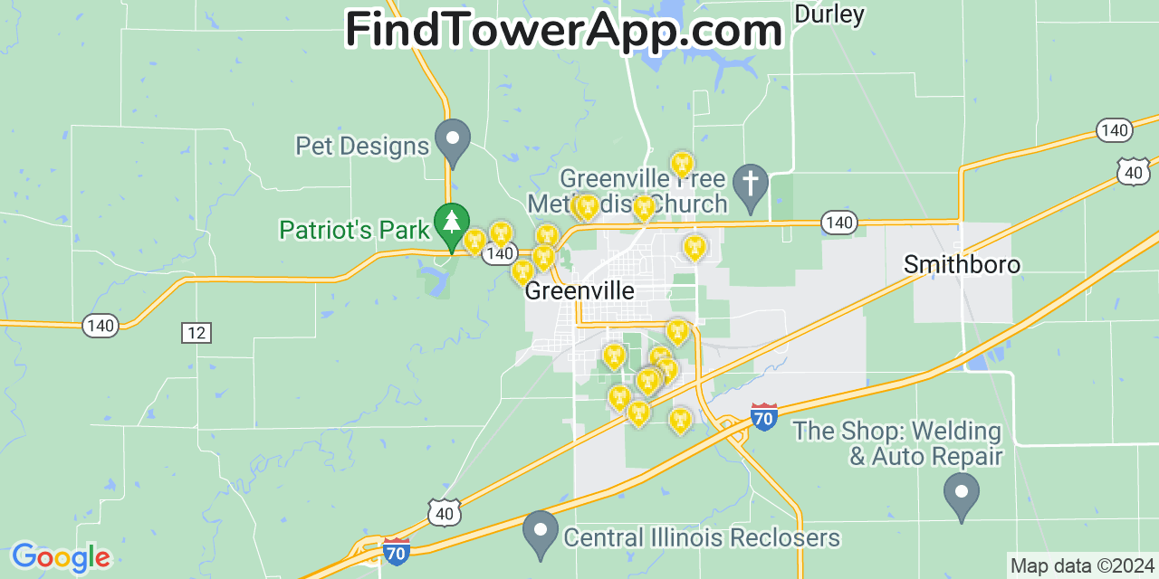 AT&T 4G/5G cell tower coverage map Greenville, Illinois