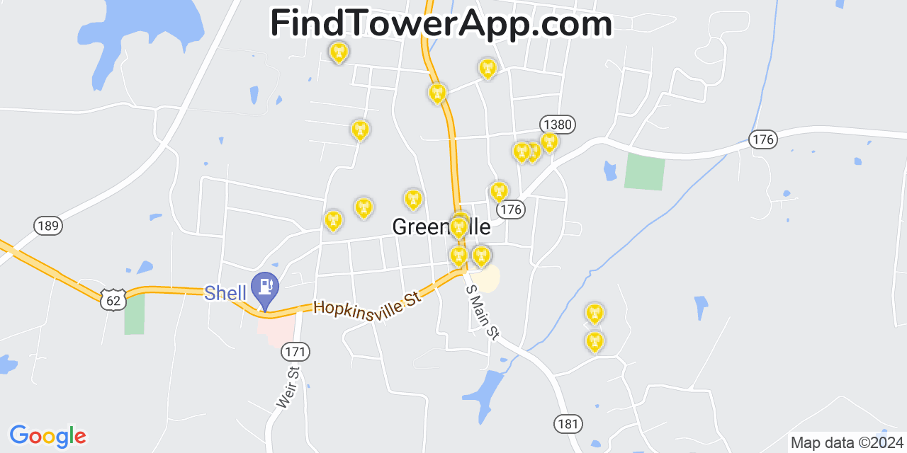 AT&T 4G/5G cell tower coverage map Greenville, Kentucky