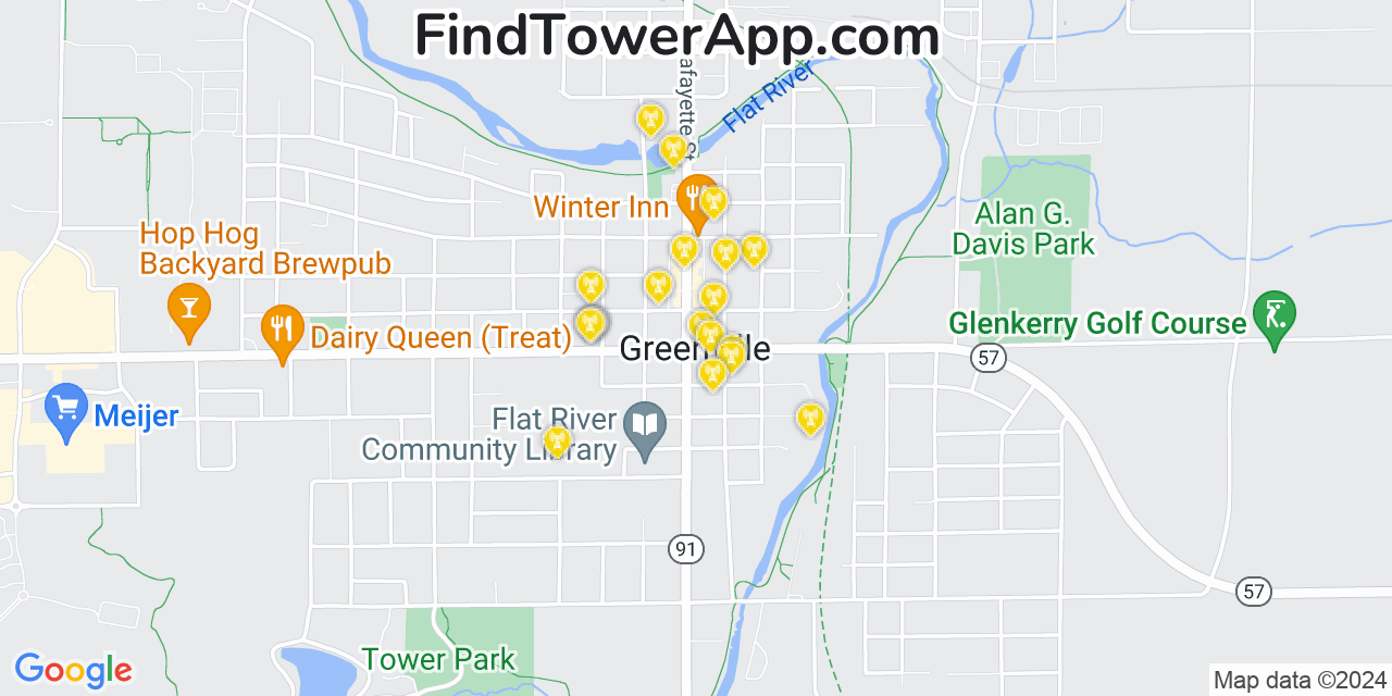 AT&T 4G/5G cell tower coverage map Greenville, Michigan