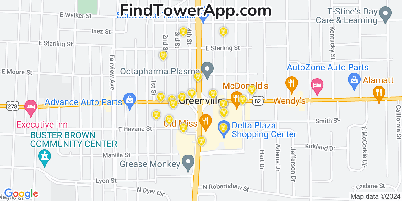 AT&T 4G/5G cell tower coverage map Greenville, Mississippi