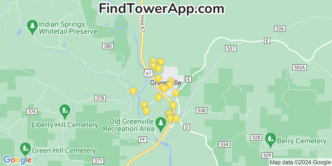 AT&T 4G/5G cell tower coverage map Greenville, Missouri