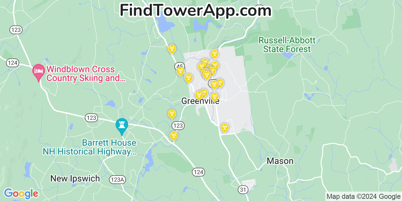 AT&T 4G/5G cell tower coverage map Greenville, New Hampshire