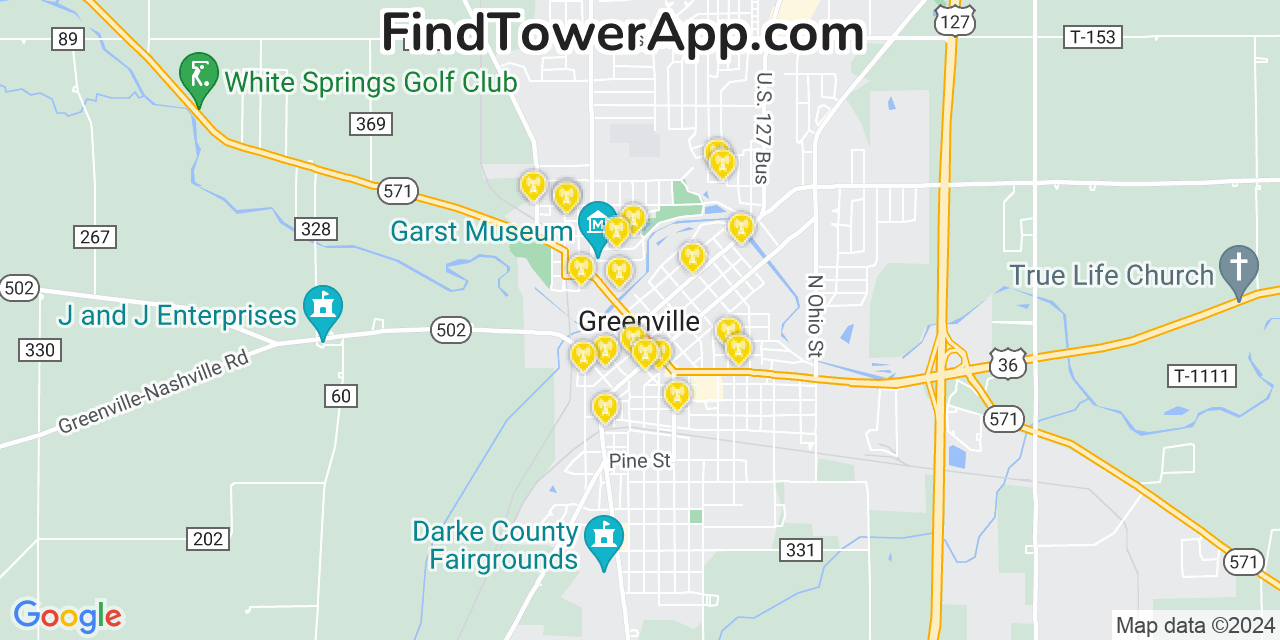 AT&T 4G/5G cell tower coverage map Greenville, Ohio