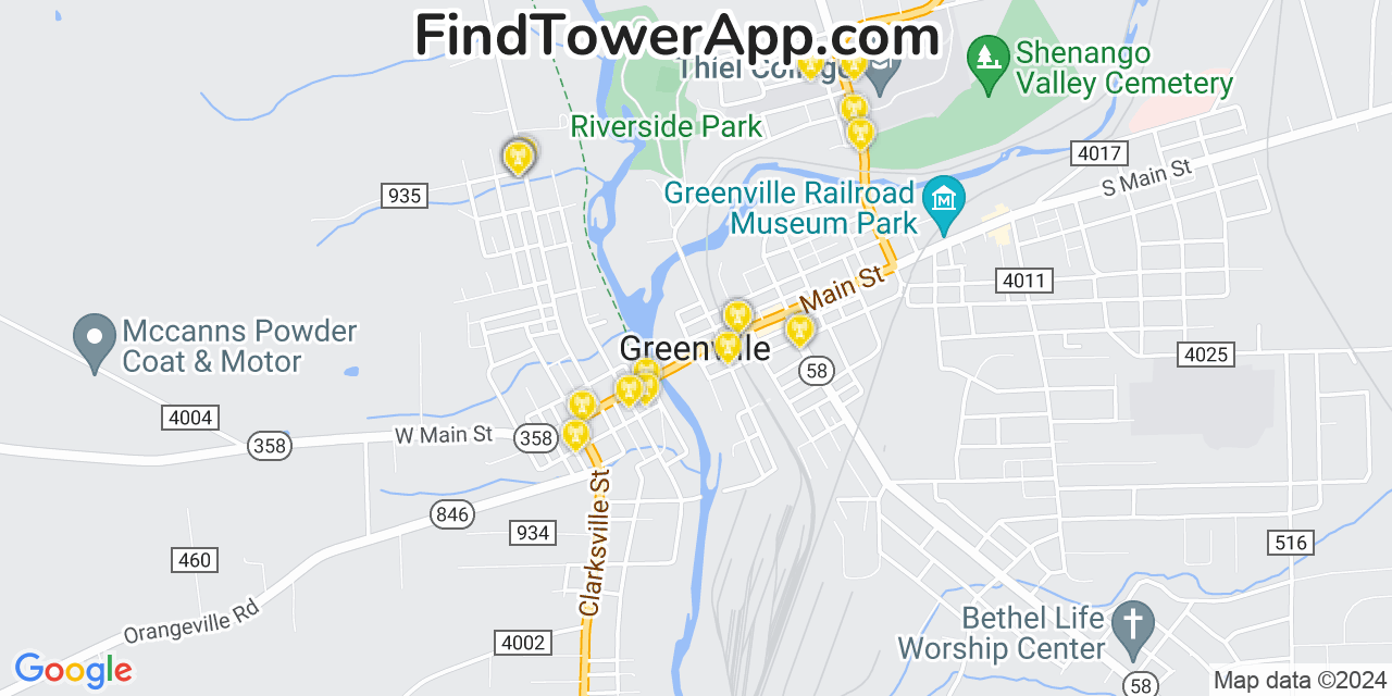 AT&T 4G/5G cell tower coverage map Greenville, Pennsylvania