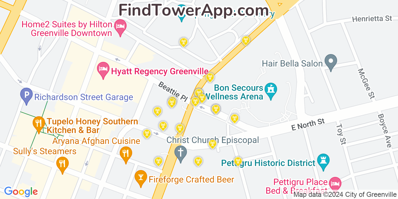 AT&T 4G/5G cell tower coverage map Greenville, South Carolina