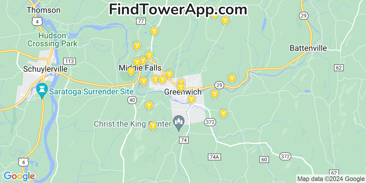 AT&T 4G/5G cell tower coverage map Greenwich, New York