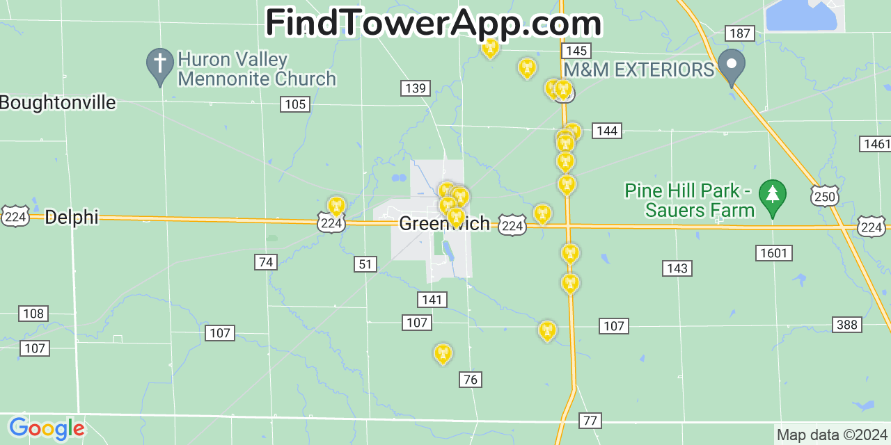 AT&T 4G/5G cell tower coverage map Greenwich, Ohio