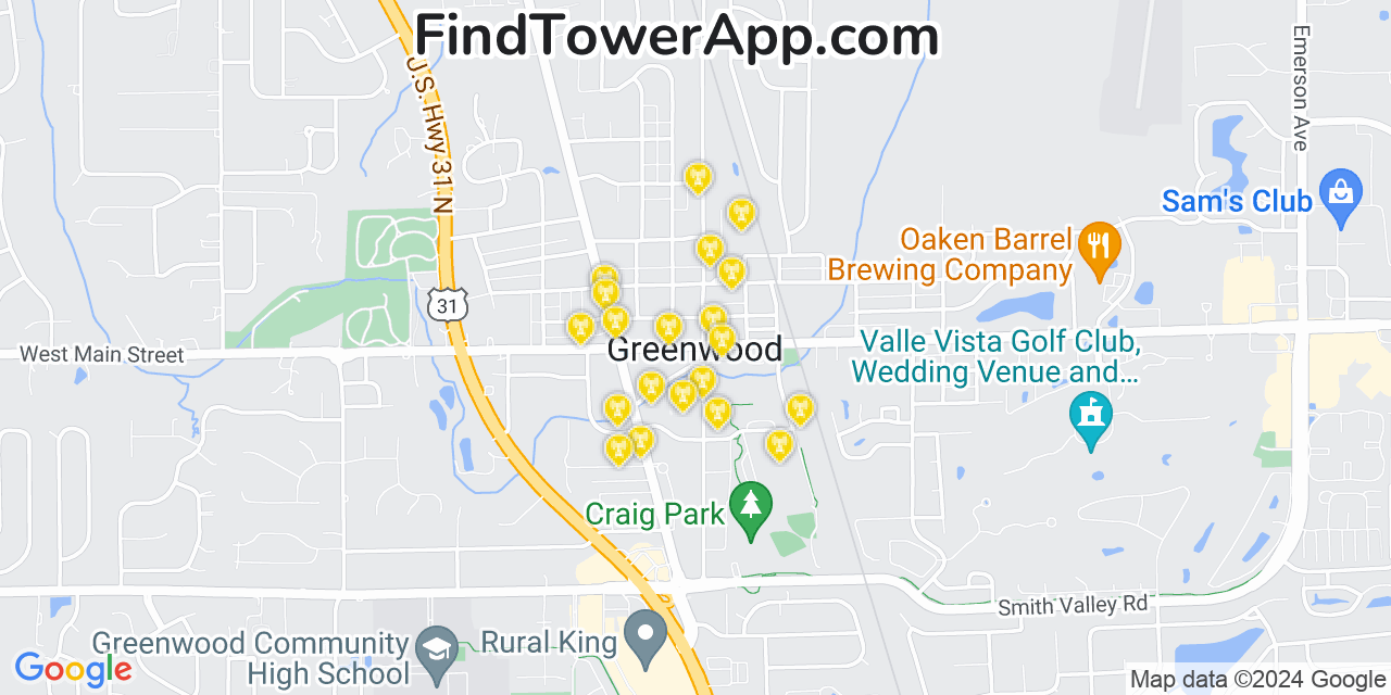 AT&T 4G/5G cell tower coverage map Greenwood, Indiana