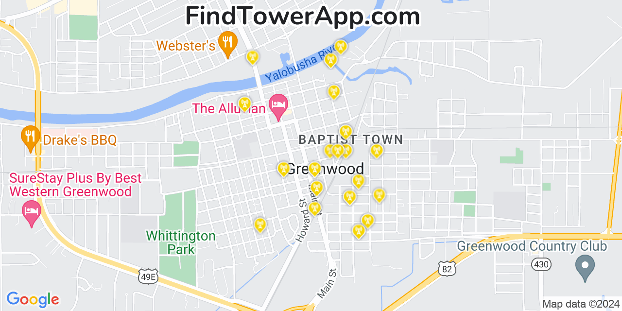AT&T 4G/5G cell tower coverage map Greenwood, Mississippi