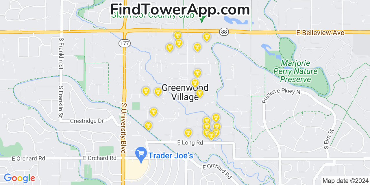 Verizon 4G/5G cell tower coverage map Greenwood Village, Colorado