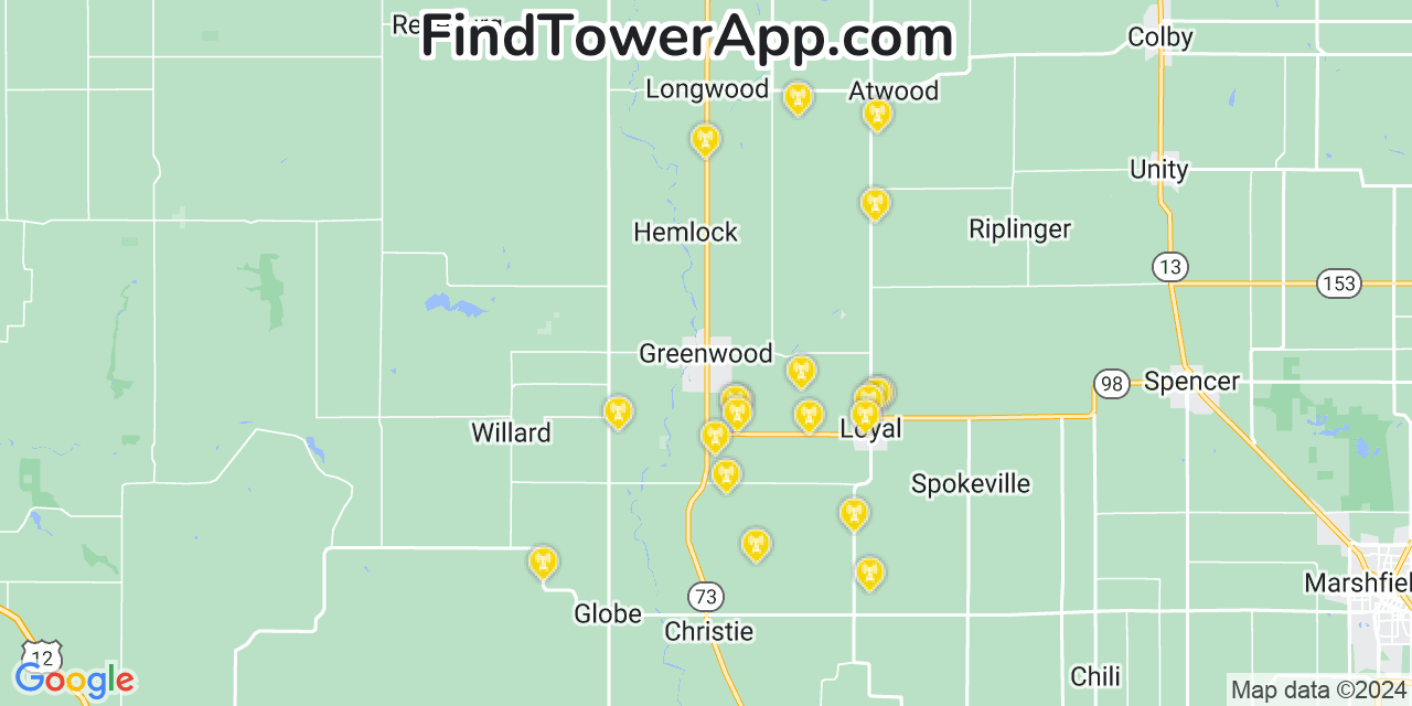 AT&T 4G/5G cell tower coverage map Greenwood, Wisconsin