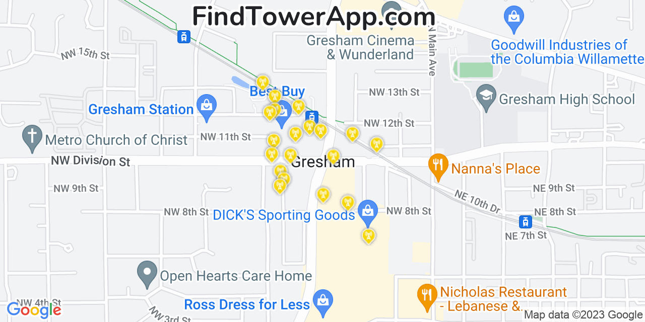 AT&T 4G/5G cell tower coverage map Gresham, Oregon