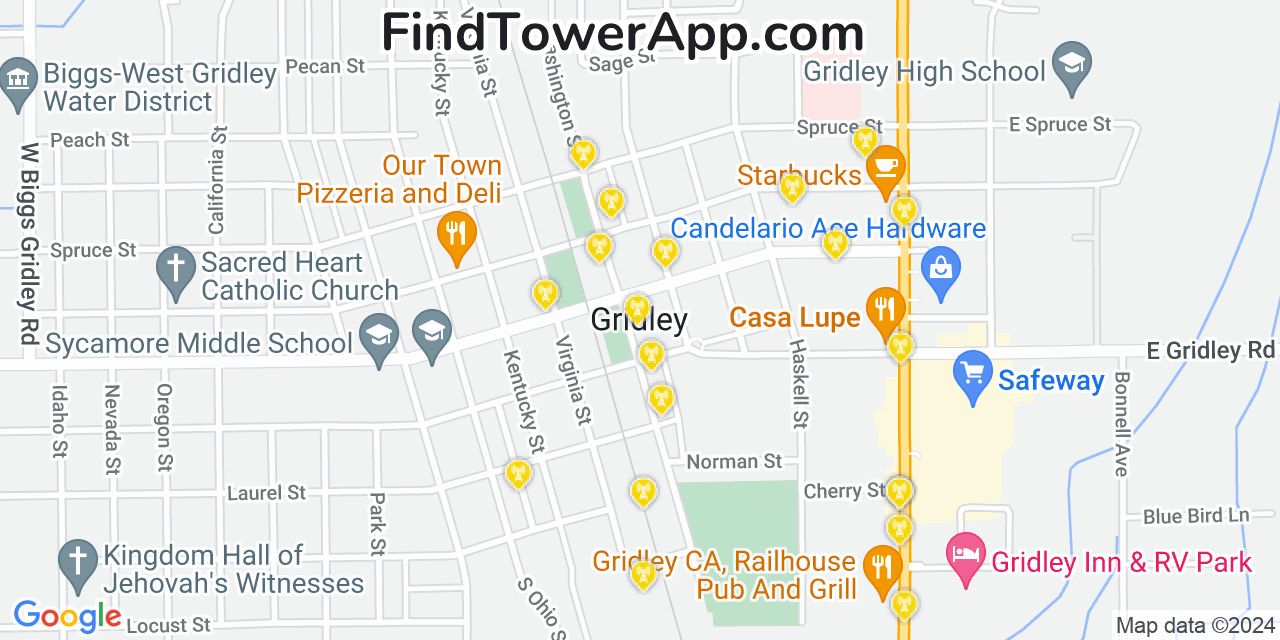 AT&T 4G/5G cell tower coverage map Gridley, California