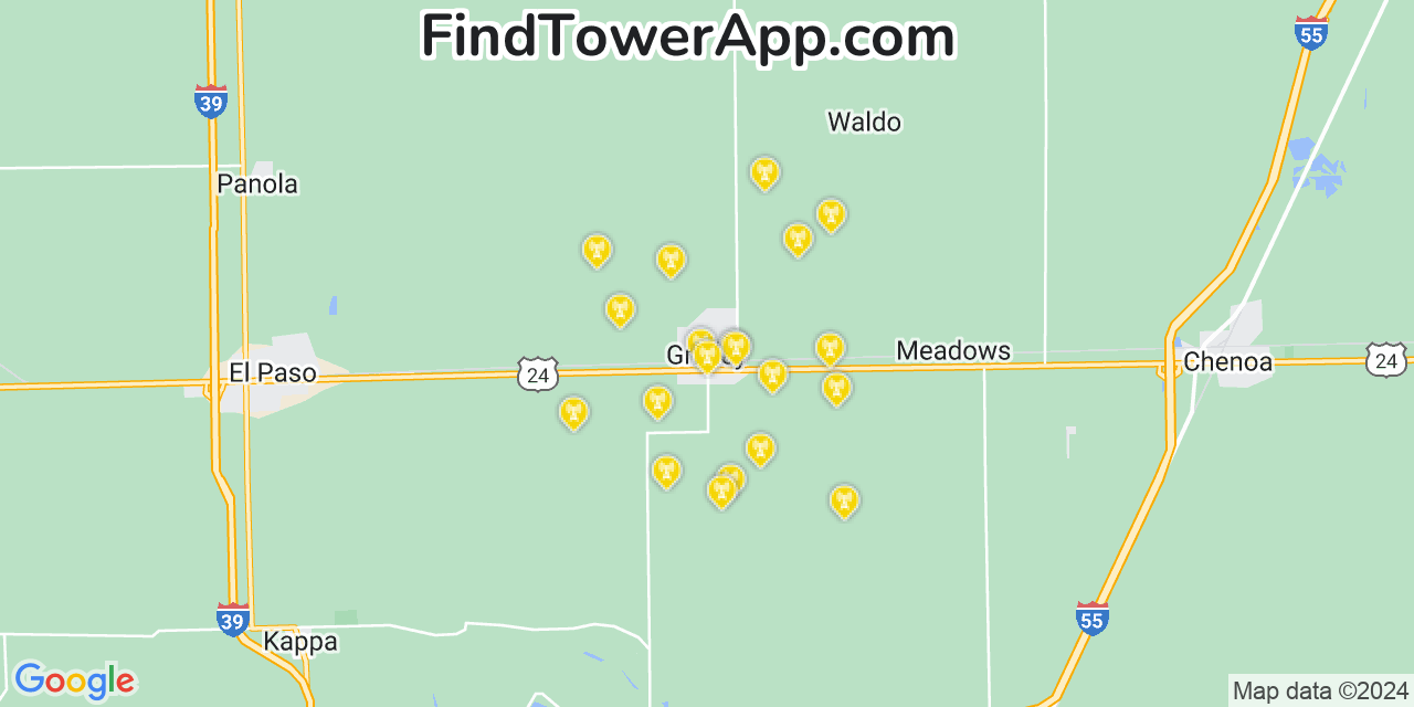 AT&T 4G/5G cell tower coverage map Gridley, Illinois