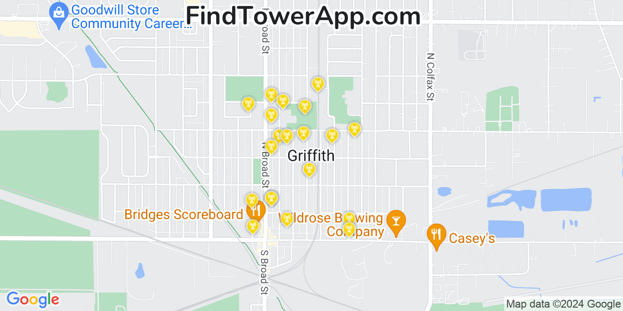 AT&T 4G/5G cell tower coverage map Griffith, Indiana