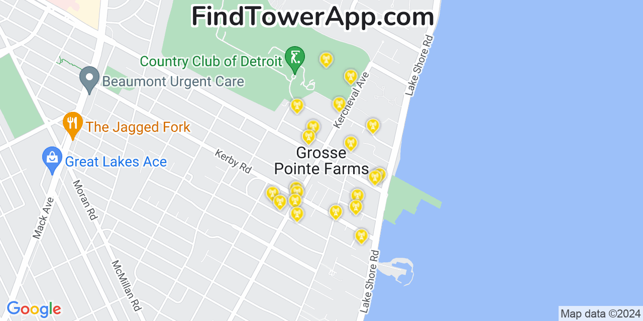 AT&T 4G/5G cell tower coverage map Grosse Pointe Farms, Michigan