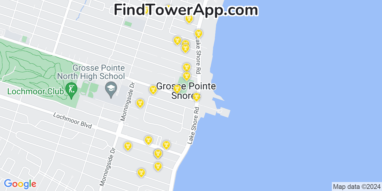 AT&T 4G/5G cell tower coverage map Grosse Pointe Shores, Michigan