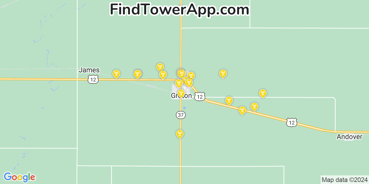 AT&T 4G/5G cell tower coverage map Groton, South Dakota