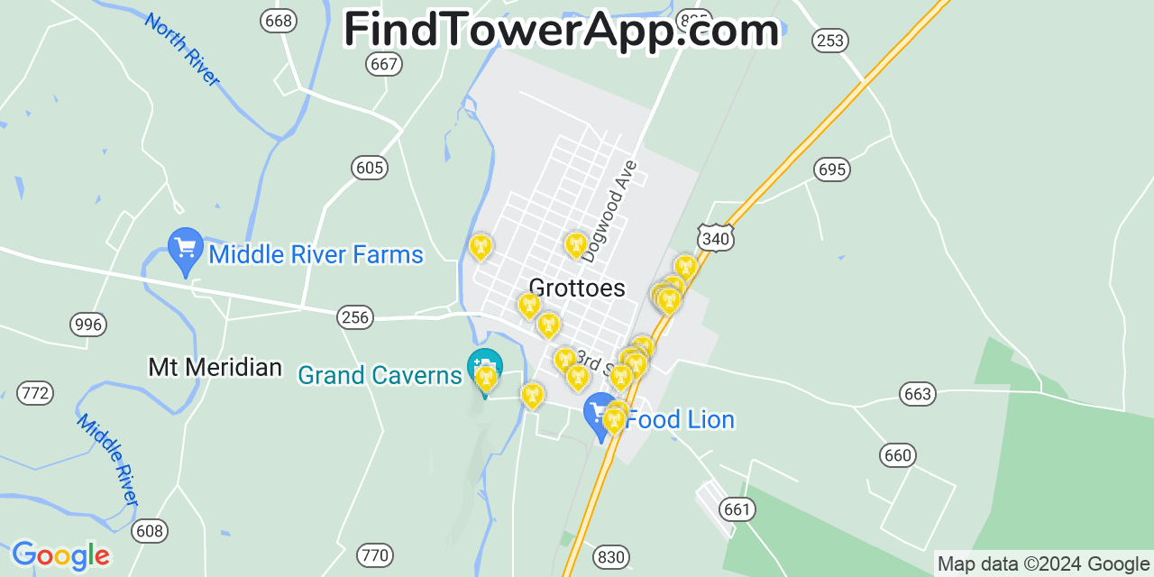 AT&T 4G/5G cell tower coverage map Grottoes, Virginia