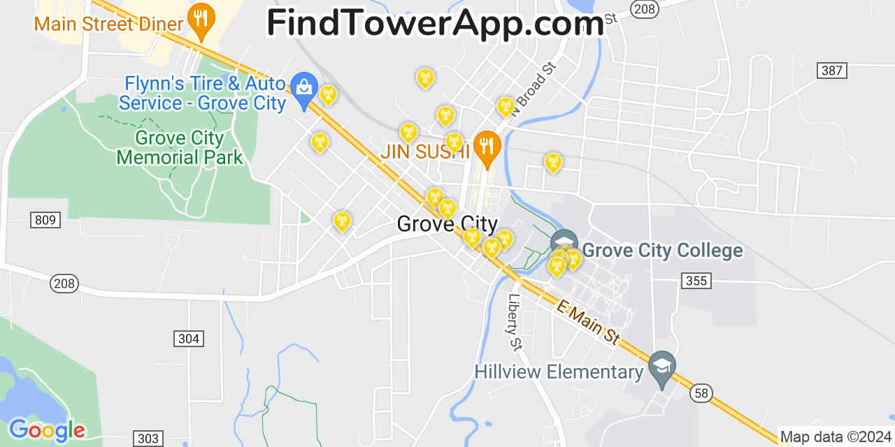 AT&T 4G/5G cell tower coverage map Grove City, Pennsylvania
