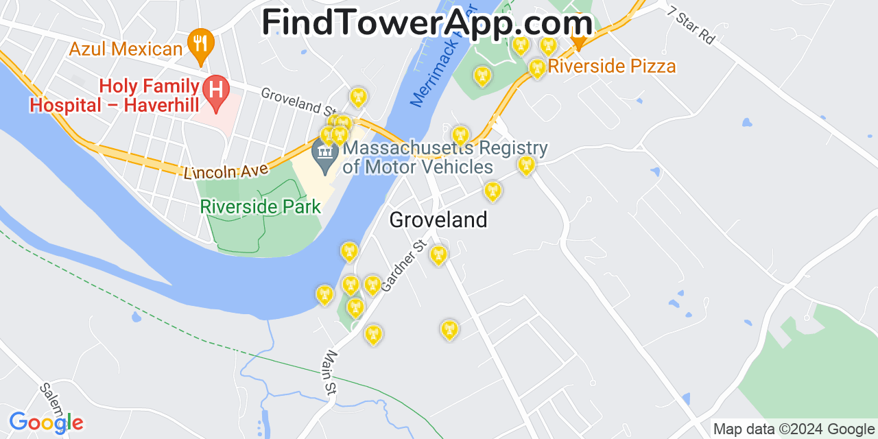 AT&T 4G/5G cell tower coverage map Groveland, Massachusetts
