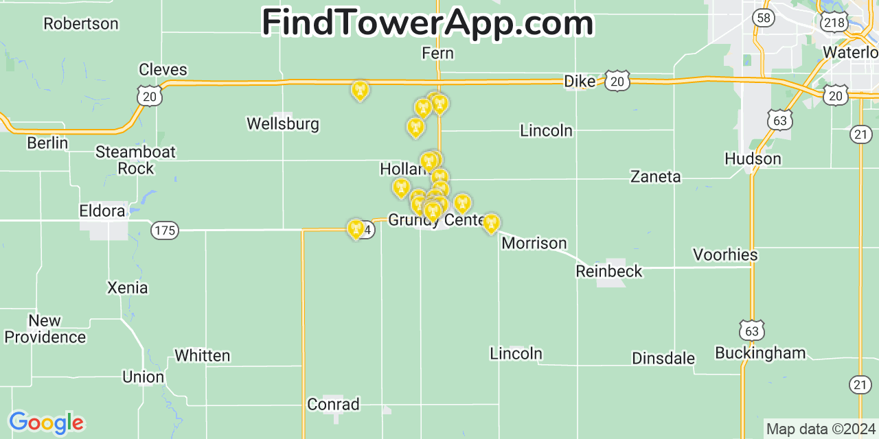 AT&T 4G/5G cell tower coverage map Grundy Center, Iowa