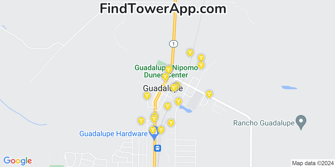 AT&T 4G/5G cell tower coverage map Guadalupe, California