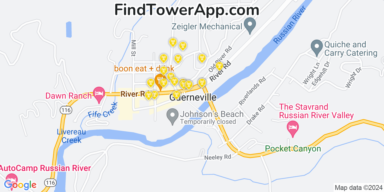 AT&T 4G/5G cell tower coverage map Guerneville, California
