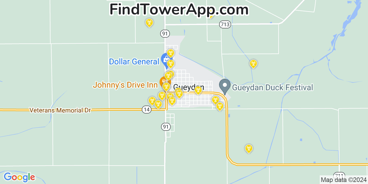AT&T 4G/5G cell tower coverage map Gueydan, Louisiana