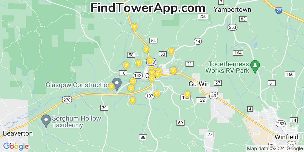 AT&T 4G/5G cell tower coverage map Guin, Alabama
