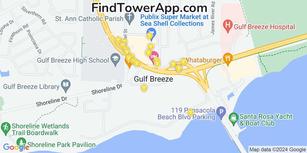 AT&T 4G/5G cell tower coverage map Gulf Breeze, Florida