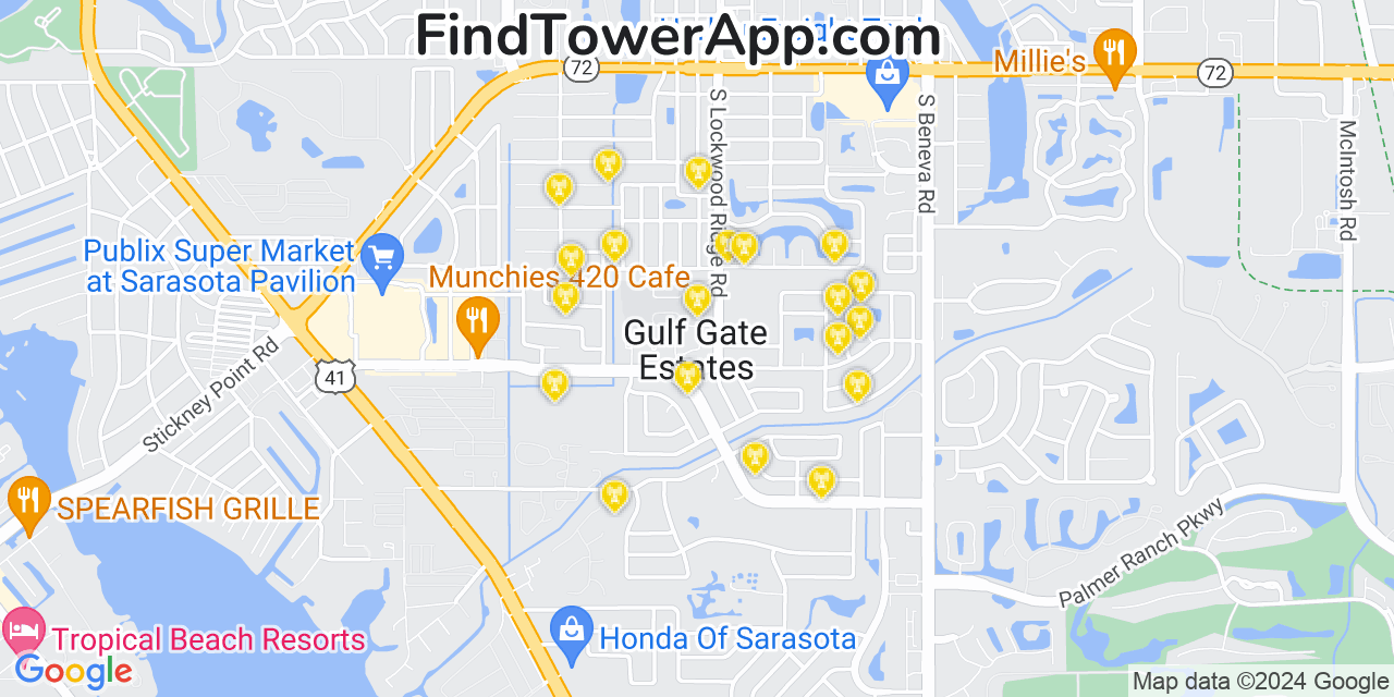 Verizon 4G/5G cell tower coverage map Gulf Gate Estates, Florida