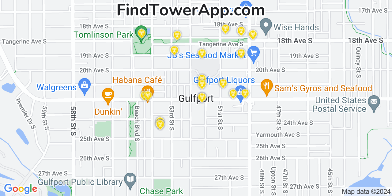 AT&T 4G/5G cell tower coverage map Gulfport, Florida