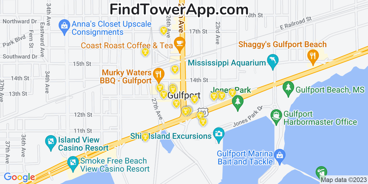 AT&T 4G/5G cell tower coverage map Gulfport, Mississippi
