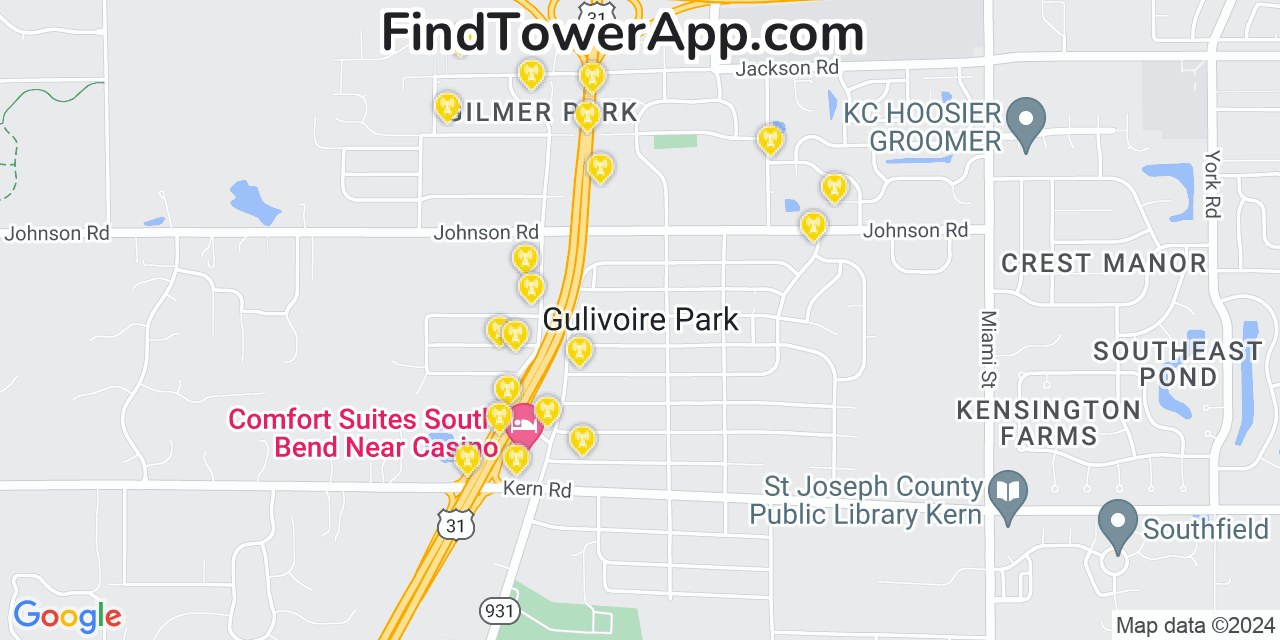 AT&T 4G/5G cell tower coverage map Gulivoire Park, Indiana