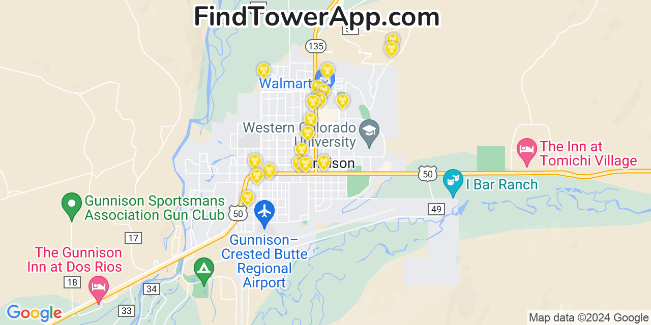 AT&T 4G/5G cell tower coverage map Gunnison, Colorado