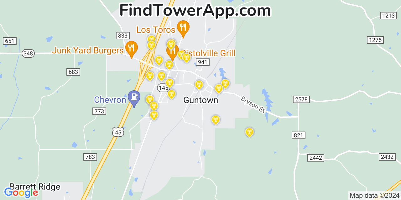 AT&T 4G/5G cell tower coverage map Guntown, Mississippi