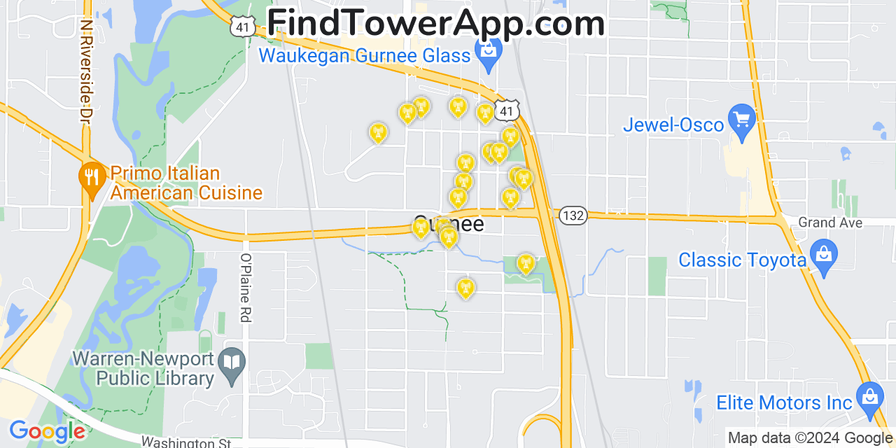 AT&T 4G/5G cell tower coverage map Gurnee, Illinois