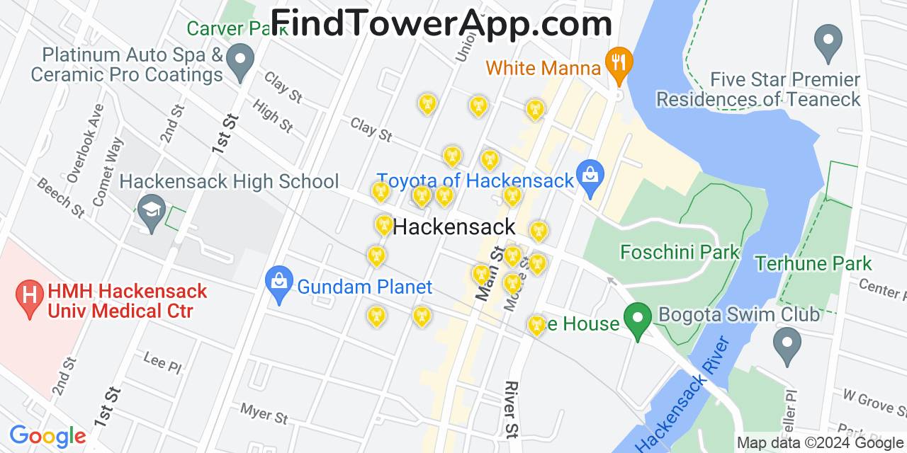 AT&T 4G/5G cell tower coverage map Hackensack, New Jersey