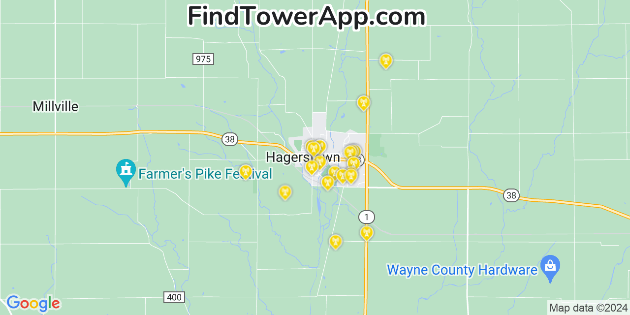 AT&T 4G/5G cell tower coverage map Hagerstown, Indiana
