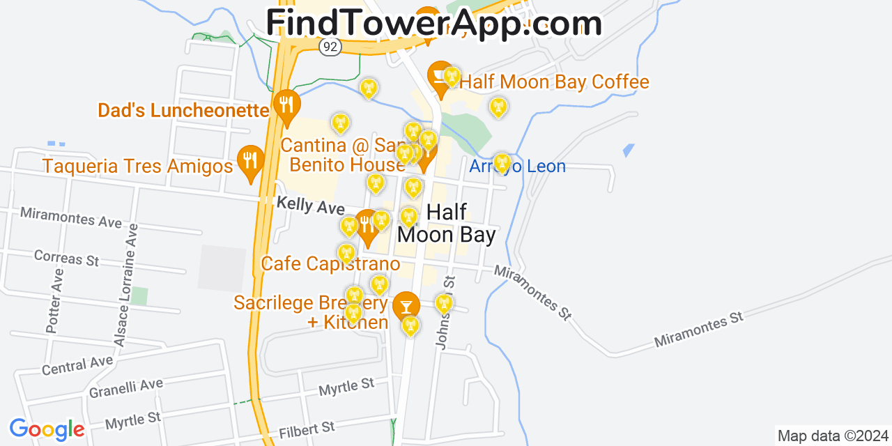 AT&T 4G/5G cell tower coverage map Half Moon Bay, California