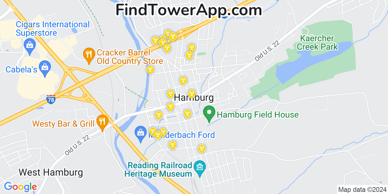 AT&T 4G/5G cell tower coverage map Hamburg, Pennsylvania